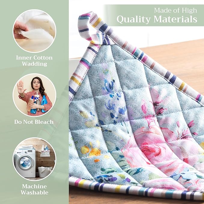 Maison d' Hermine Pot Holders Set 100% Cotton Heat Resistant Potholders 8" x 8" Hot Pads with Loop Cooking, Grilling, Kitchen, Handling Hot Pans Spring/Summer (Pack of 2, Sweet Rose Lavender - Lush)