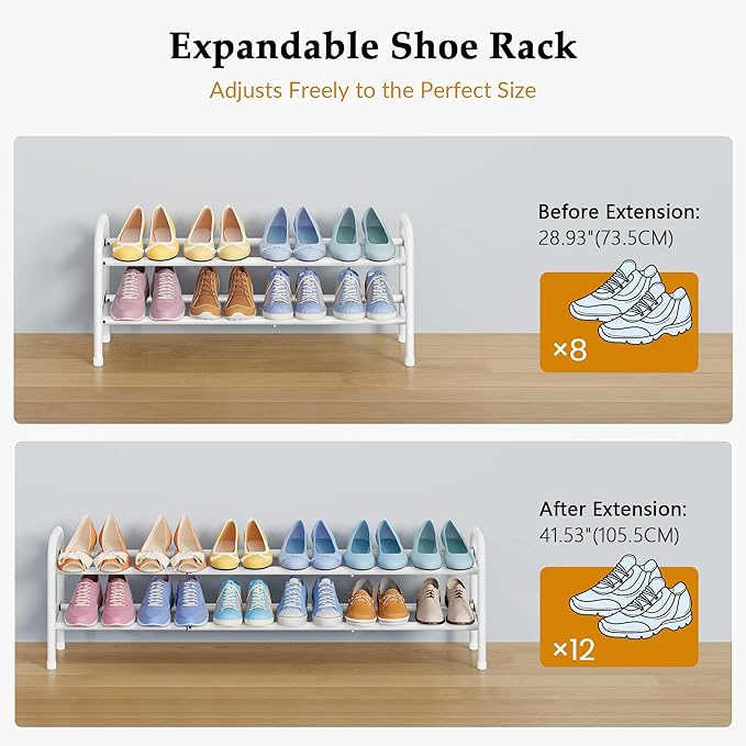 Shoe Rack 2 Tier,41.53'' Adjustable Metal Shoe Organizer for Closet, Bedroom, Entryway,Holds Up to 12 Pairs Shoes,Expandable,White
