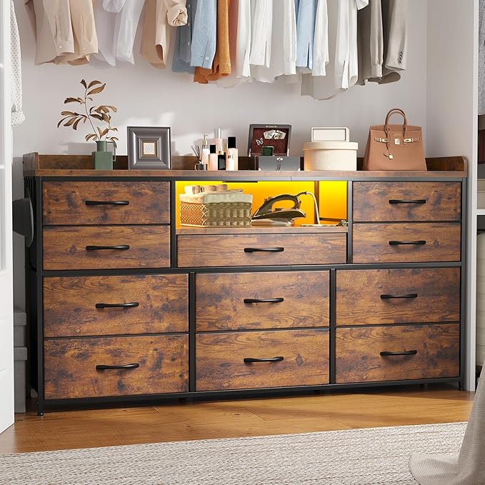 Dresser TV Stand with 11 Drawers for 60" TV Stand for Bedroom with LED Lights & Power Outlets Long Dresser for Bedroom with Shelves & 4 Hooks, Sturdy Metal Frame & Thick Wood Top, Rustic Brown