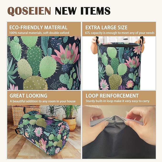 Blooming Cactuses Laundry Hamper,Collapsible Laundry Baskets,Tropical Succulents Dirty Clothes Baskets with Handles,Oxford Cloth Hamper for Bedroom,Bathroom,College Dorms, 16"x20"