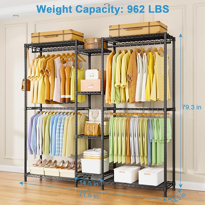 Ulif E4 Clothes Rack, Heavy-Duty Garment Rack, Metal Freestanding Clothing Organization Storage System Can Be L-Shaped with Shelves and Hangers, Max Load 962lbs, 71.6" W x 14.5" D x 79.3" H, Black