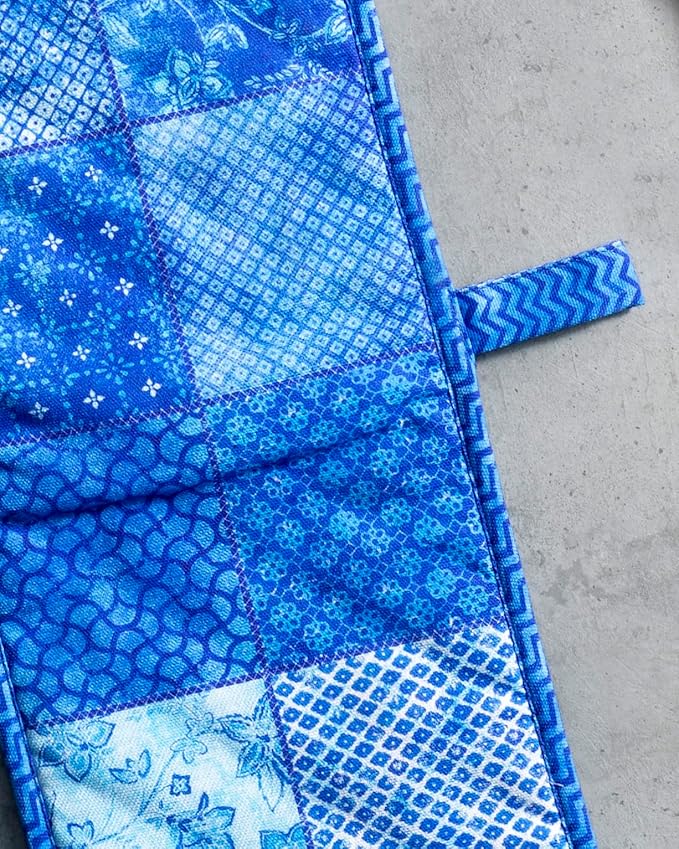 Maison d' Hermine Double Oven Mitts 100% Cotton 7"x35" Double Oven Mitt Heat Resistant BBQ Cooking Gloves with Loop, Baking, Grilling, Home, Kitchen, Handling Hot Pans Spring Summer (Indigo Love)