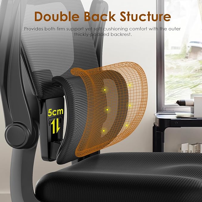 Soohow Ergonomic Office Chair, High Back Desk Chair with Flip-Up Armrest and Adjustable Lumbar Support, Computer Chair for Home and Office