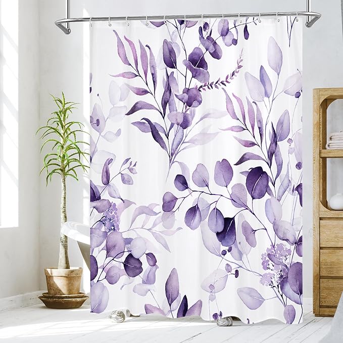 MitoVilla Purple Spring Floral Shower Curtain, Modern Plants Botanical Fabric Cloth Shower Curtains for Chic Elegant Bathroom Decor, Summer Watercolor Eucalyptus Leaf, 72x72
