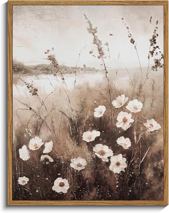 InSimSea Framed Wall Art for Living Room Landscape Canvas Wall Decor Meadow with Flowers Vintage Paintings Classical Wildflower Field Scene Boho Floral Pictures Decor for Bathroom Bedroom 11x14in