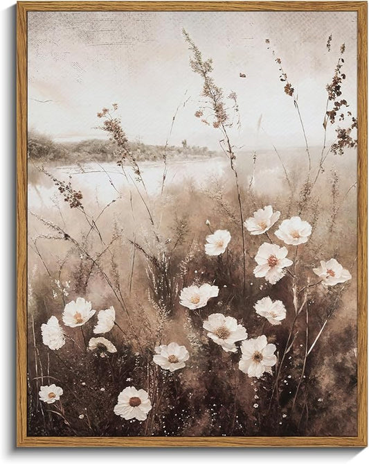 InSimSea Framed Wall Art for Living Room Landscape Canvas Wall Decor Meadow with Flowers Vintage Paintings Classical Wildflower Field Scene Boho Floral Pictures Decor for Bathroom Bedroom 11x14in