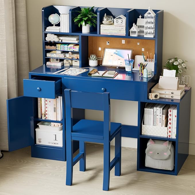 Blue Wooden Kids Desk and Chair Set,Kids Study Table and Chair Set with 4 Storage Open Shelves,Kids Study Desk with 2 Drawers & 4 Cabinet,Girls Study Desks for Kid with Hutch for Bedroom-4VhsXU