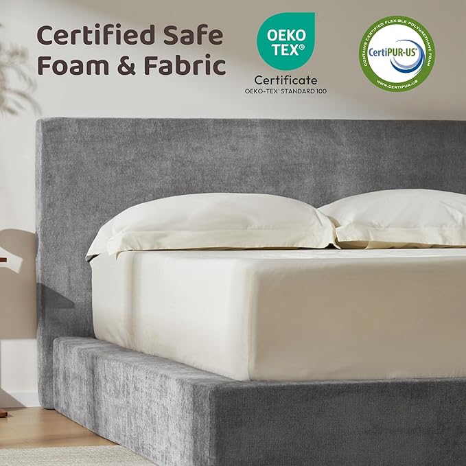 RECCI Cloud Upholstered Queen Bed Frame with Headboard, 5 Inch Foam Padded Platform, No Box Spring, Easy Assembly (Moon)