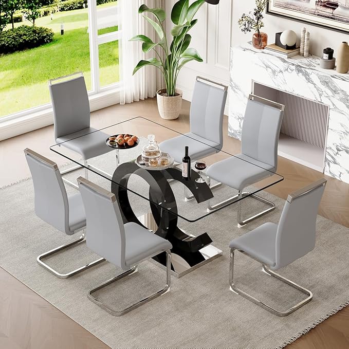 63'' Glass Dining Table Set for 6, Kitchen Table Chairs Set of 6, Clear Glass Dining Table with Black unique design Leg and Silver Metal Base, 6 PU Dining Chairs with Metal Legs, Living Room, Kitchen.