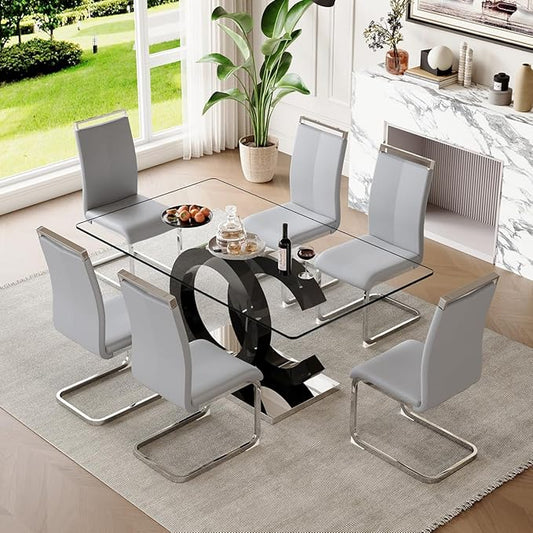 63'' Glass Dining Table Set for 6, Kitchen Table Chairs Set of 6, Clear Glass Dining Table with Black unique design Leg and Silver Metal Base, 6 PU Dining Chairs with Metal Legs, Living Room, Kitchen.