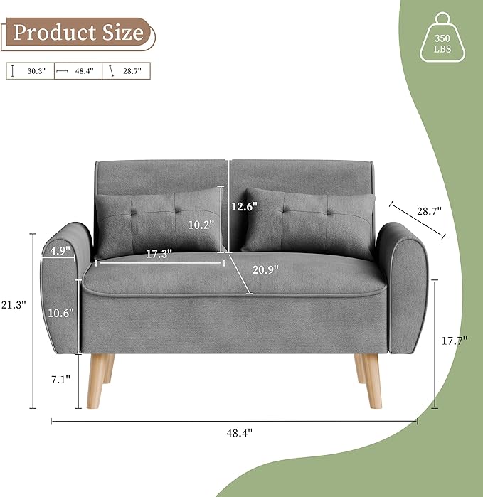 Vongrasig 47" Small Modern Loveseat Sofa, Mid Century Linen Fabric 2-Seat Sofa Couch Tufted Love Seat with Back Cushions and Tapered Legs for Living Room, Bedroom and Small Space (Light Gray)