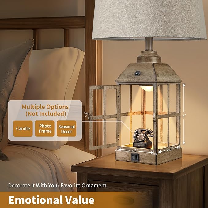 25" Farmhouse Table Lamps for Living Room, Table Lamps Set of 2 with USB Port and Nightlight, Rustic Table Lamp for Bedroom, Bedside Lamp for Nightstand, End Table, Home, LED Bulbs Included (Wood)