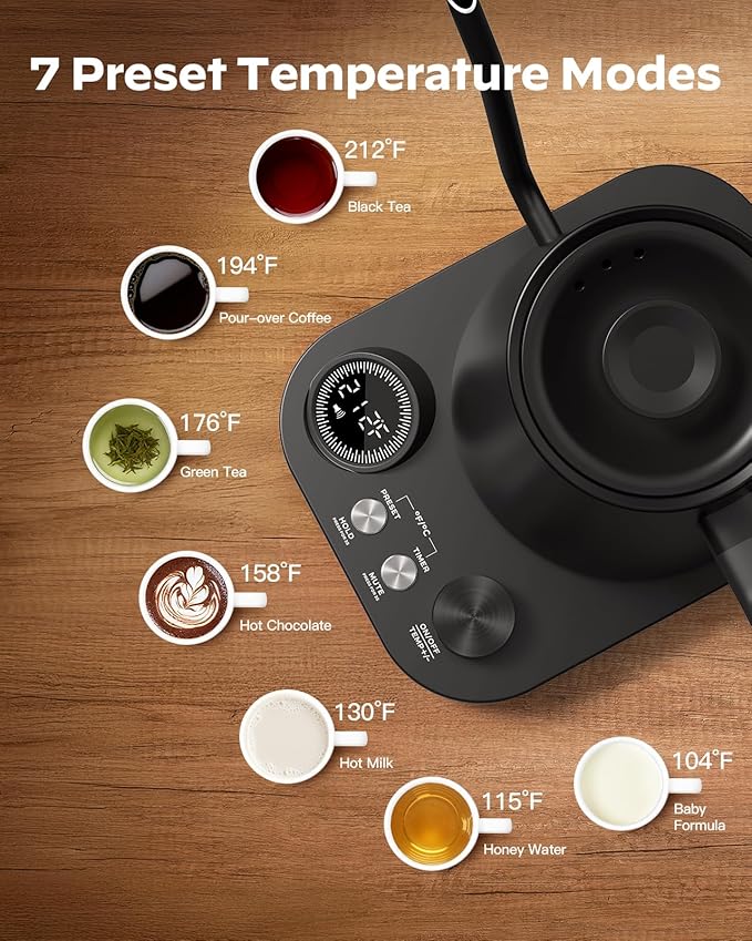 Silonn Gooseneck Kettle, Electric Kettle with ±1°F Precise Temperature Control, Pour-Over Coffee,212°F Hold for 4-Hour Warmth, LED Brew Timer and 7 Presets, 304 Stainless Steel Kettle, 1200W/0.9L