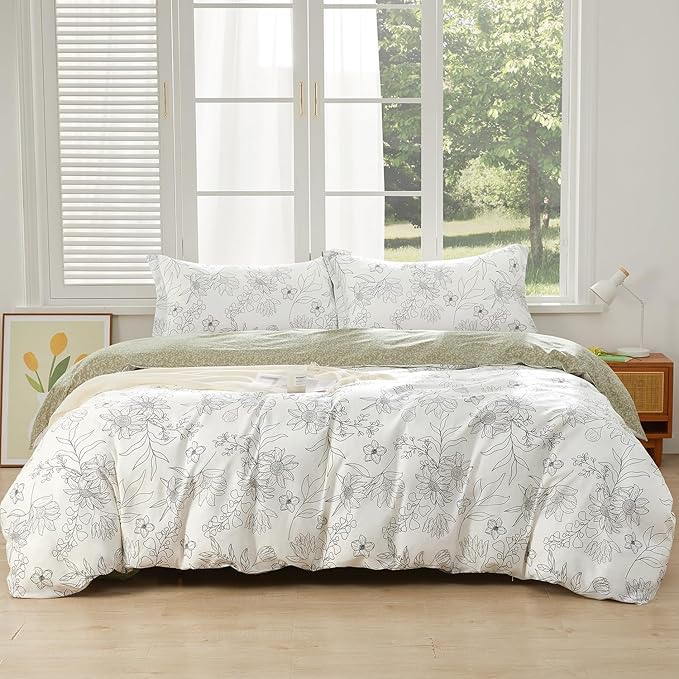 SAPHREAS Drawing Sunflower Duvet Cover Set Queen Size 3pcs Flower Printed White Bedding Comforter Cover Set 100% Cotton 1 Duvet Cover 90"x90" 2 Pillow Shams, Comforter Not Included