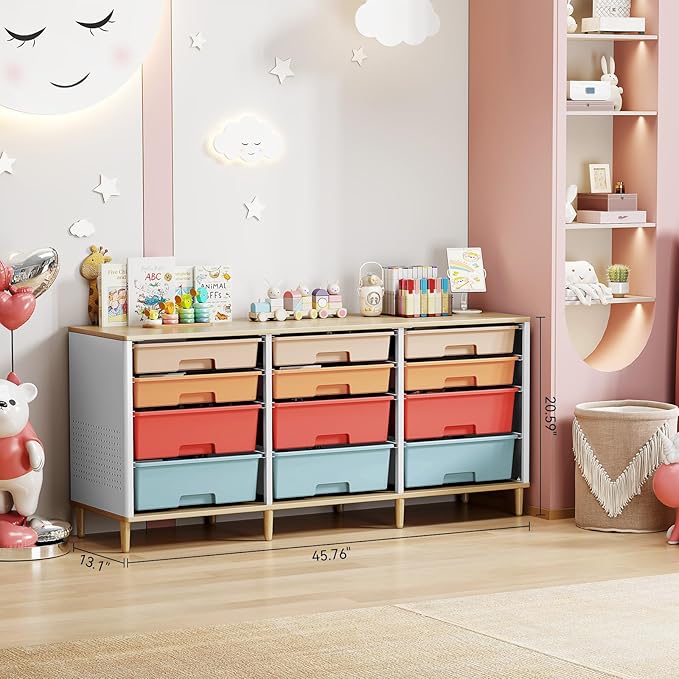 Storage Cabinet with 12 Drawers, Home Storage With Wooden Tabletop, Cube Storage Organizer for Living Room, Bedroom, Classroom, Office, Playroom, Craft Room, (Colorful)