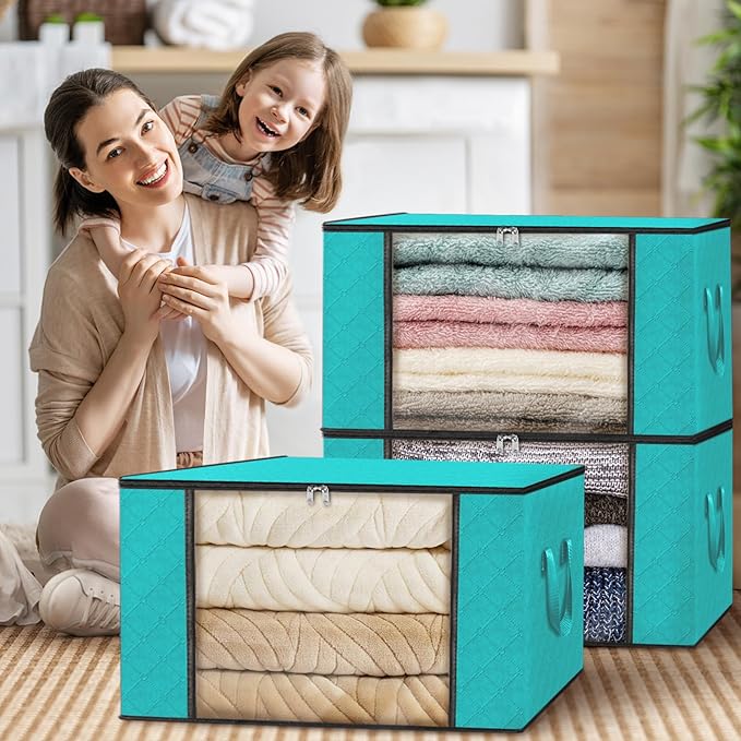 Fab totes 6 Pack Clothes Storage, Foldable Thick Fabric Blanket Storage Bags, Containers for Organizing Bedroom, Closet, Clothing, Comforter,Closet Organization with Handle,Green