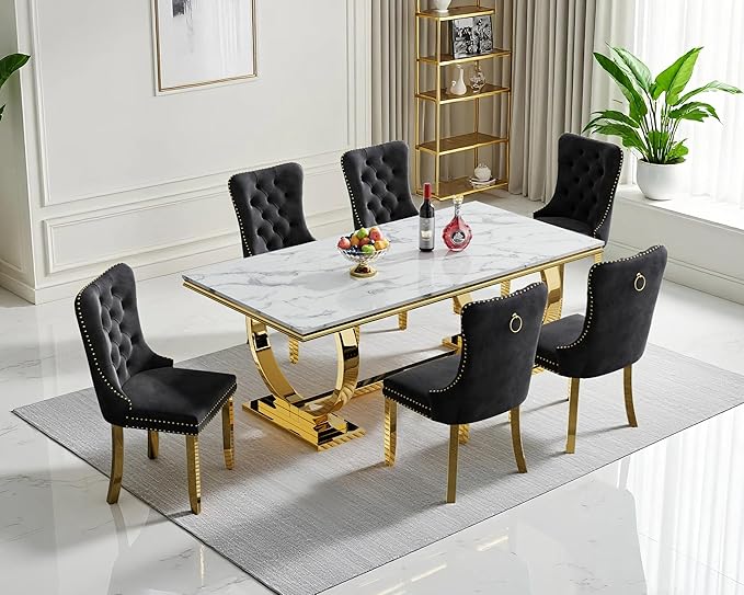 Goujxcy 68" Faux Marble Dining Table Set for 6, 7-Piece Dining Set with White Gold Kitchen Table and 6 Velvet Tufted Chairs, Modern Rectangular Dining Room Table with O-Shape Stainless Steel Base