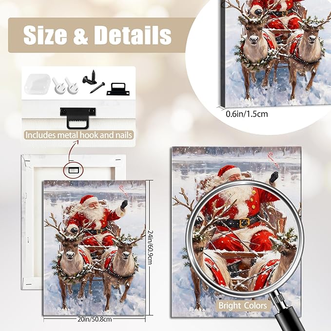 Vintage Santa in Sleigh with Reindeer Christmas Canvas Wall Art - Classic Framed Prints for Living Room & Office, Cozy Winter Snow Scene Nature Decor, Ideal Christmas Gifts & Festive Decorations