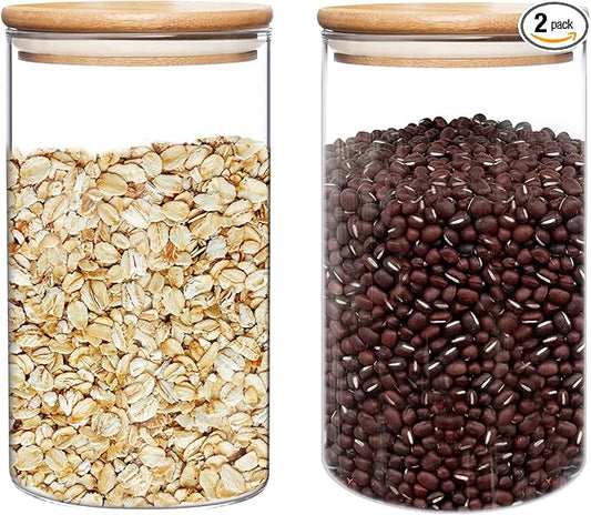 umieo Large Glass Flour and Sugar Containers 50oz Set of 2, Glass Jar with Airtight Lids, Clear Storage Containers with Bamboo Lids for Rice, Oat, Nuts, Candy, Cereal, Coffee, Beans