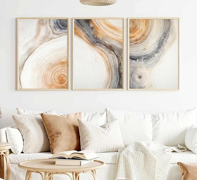 3 Pcs Beige Tree Rings Canvas Wall Art Modern Neutral Abstract Geome Nature Tree Ring Paintings Pictures Wall Decor Poster Print Artwork for Living Room Bedroom Office Home Decoration Unframed