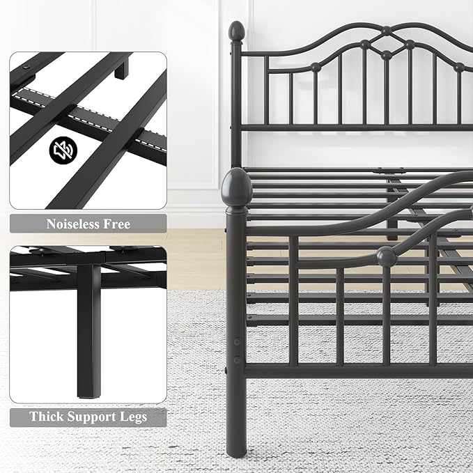 Queen Size Bed Frame, Metal Platform Bed with Victorian Headboard and Footboard, Strong Metal Slats Support, Mattress Foundation No Box Spring Needed, Easy Assembly, Noise Free, Black