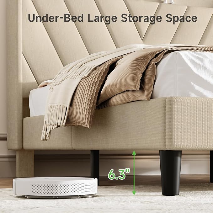 koorlian Full Size Bed Frame, Full Bed Frame with Headboard, Adjustable Upholstered Bed Frame with Type-C&USB Port, Wingback Storage Headboard, Noiseless, No Box Spring Needed, Beige