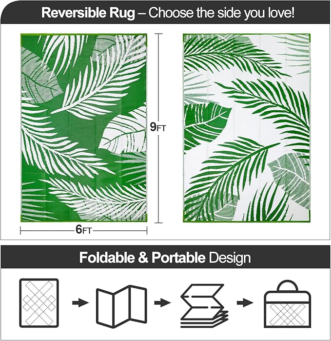 Waterproof Outdoor Rug 6x9ft, Green Leaf Reversible Plastic Straw Mat for Patio RV Deck Porch Backyard Balcony Camping Picnic Beach Indoor Outdoor Carpet, Green&White