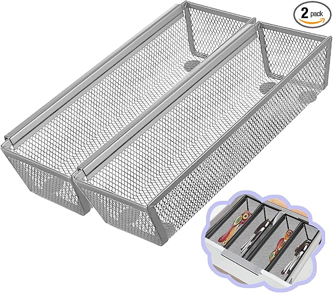 2PCS Drawer Organizer, Mesh Drawer Organizer with Interlocking Arm for Utensil, Cosmetic, Flatware, Pen (9 * 3 * 2 Inches, Grey)