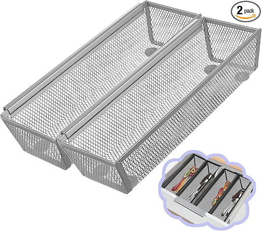 2PCS Drawer Organizer, Mesh Drawer Organizer with Interlocking Arm for Utensil, Cosmetic, Flatware, Pen (9 * 3 * 2 Inches, Grey)