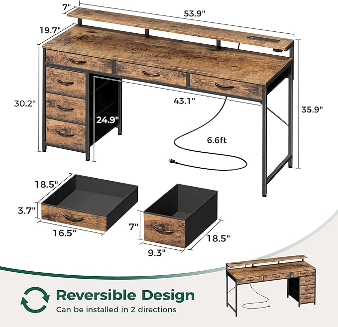 Huuger Gaming Desk with 6 Drawers, Computer Desk with LED Lights Power Outlets and Type-C, 55 Inch Office Desk with Storage, Monitor Stand, Writing Desk Work Desk for Home Office, Study, Rustic Brown