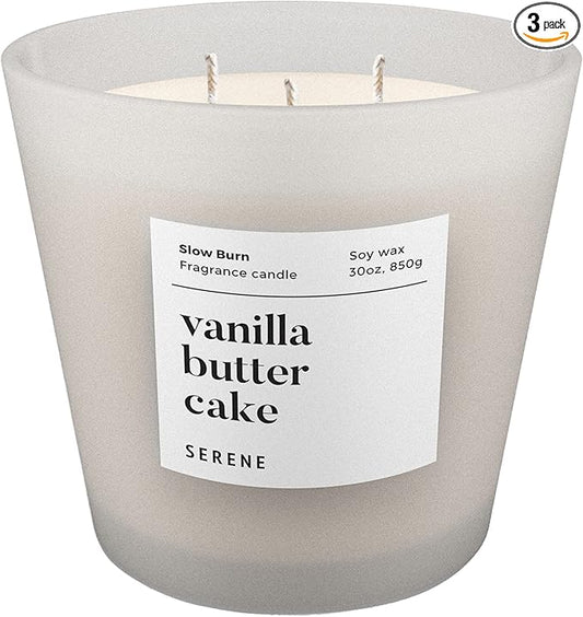 Hidden Label Large Scented Candle, Vanilla Butter Cake, 30oz 3 Wick Huge Candle, Serene Collection Slow Burn Natural Soy Candles for Home Scented