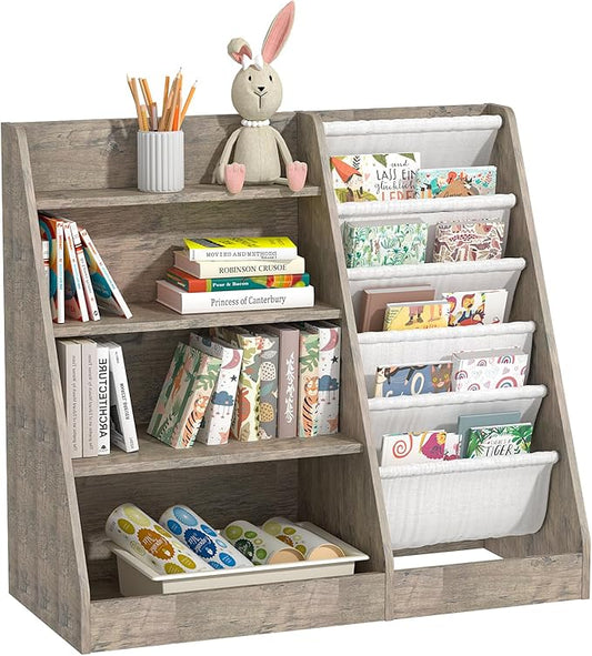 4 Tier Kids Bookshelf Wooden, Five Layer Sling Children Bookcase, Baby Toddler Storage Book Rack, Book and Toy Organizer Cabinet Chest, Book Display Shelf Stand, Playroom Nursery Classroom Library