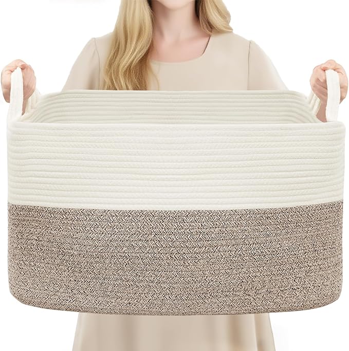 Large Laundry Hamper Blanket Basket，21.6''×14.9''×19.6'' Cotton Rope Woven Laundry Basket for Organizing, Rectangle Toy Basket for Living Room, Bedroom