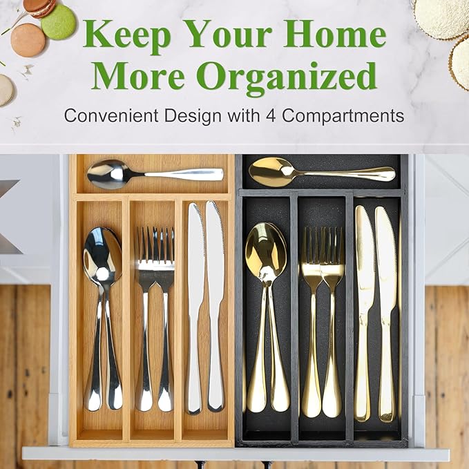 Ayiaren Small Wooden Silverware Organizer Tray Narrow Kitchen Drawer Dividers Utensil Organizers and Storage Black Cutlery Trays Spoon Flatware Organizer for Drawer Bamboo Cutlery Utensil Holder Tray
