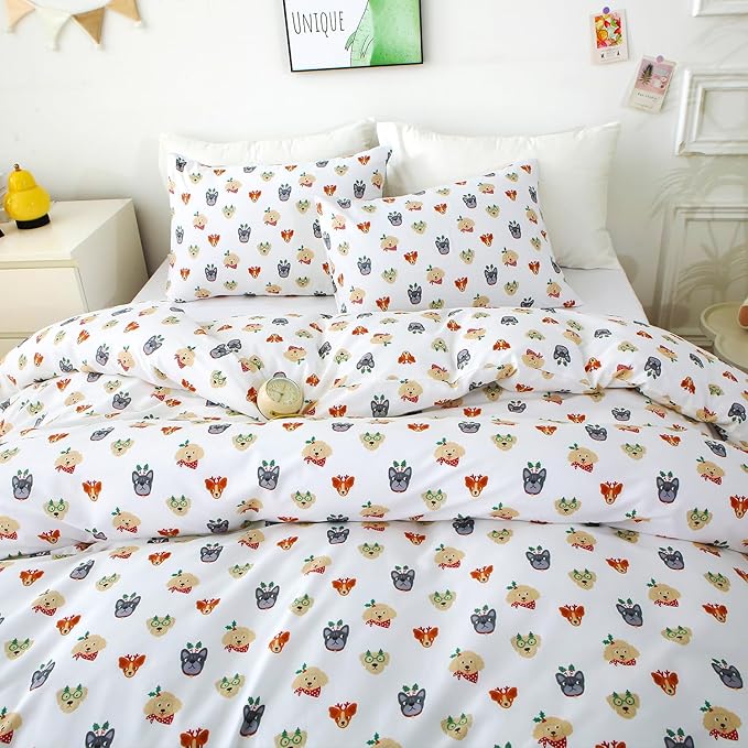 Ivellow Queen Duvet Cover Set Dog Animal White 100% Cotton Duvet Cover for Kids Cute Bedding Set 3Pcs Ultra Soft Breathable Kids Duvet Cover Patterned Cartoon Comforter Cover Boys Girls Toddler Teen