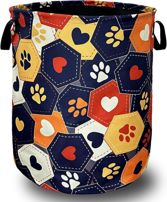 Colorful Dog Paws Hearts Laundry Basket Foldable With Handles Funny Tote Bag Oxford Cloth Animal Laundry Hamper 18.9"x16.5 "Clothe Storage Bucket Toy Organizer For Bathroom/Laundry/Bedroom
