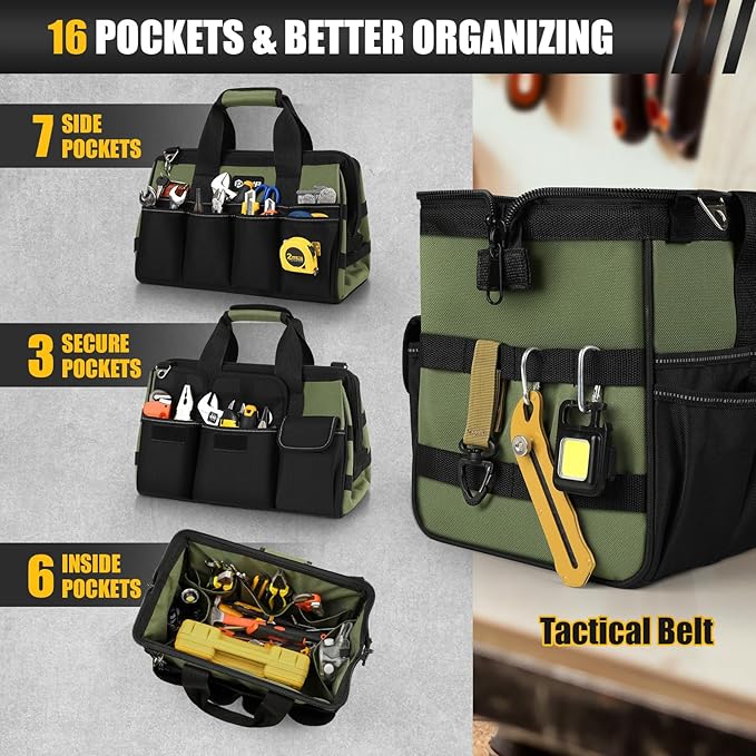Heavy Duty Tool Bag 15-Inch, 16-Pocket Portable Empty Tool Box Organizer Storage, Toolbox Organization, Soft Handle Large Zipper Carrying Toolbag, Father Day Dad Men Mechanic Welding Birthday Gift