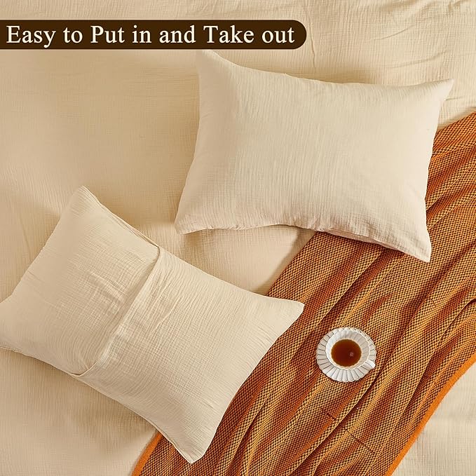 MEISHANG Muslin Duvet Cover Queen Size - 100% Organic Cotton, Soft Textured Gauze Weave Comforter Cover for Breathable All-Season with Zipper Closure - 3 Piece Set (Queen, Linen)