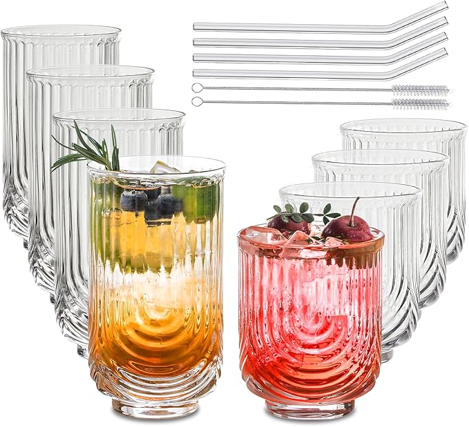 INSETLAN Water Drinking Glasses Set of 8-4 Highball Glasses 14 oz, 4 Rocks Glass Cups 12 oz, Arch Design Cocktail Glasses, Vintage Glassware, With Glass Straw, for Beverages Ice Coffee Juice Water