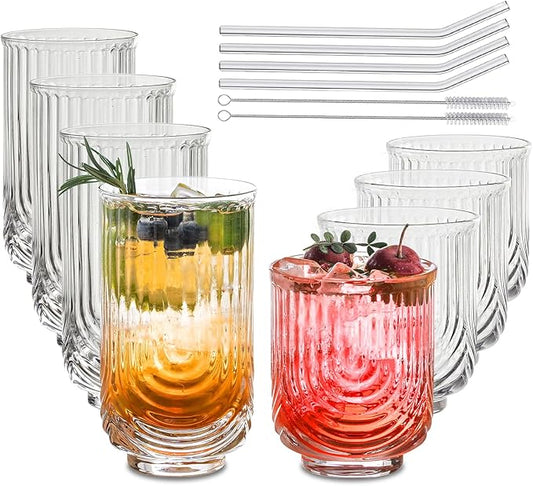 INSETLAN Water Drinking Glasses Set of 8-4 Highball Glasses 14 oz, 4 Rocks Glass Cups 12 oz, Arch Design Cocktail Glasses, Vintage Glassware, With Glass Straw, for Beverages Ice Coffee Juice Water