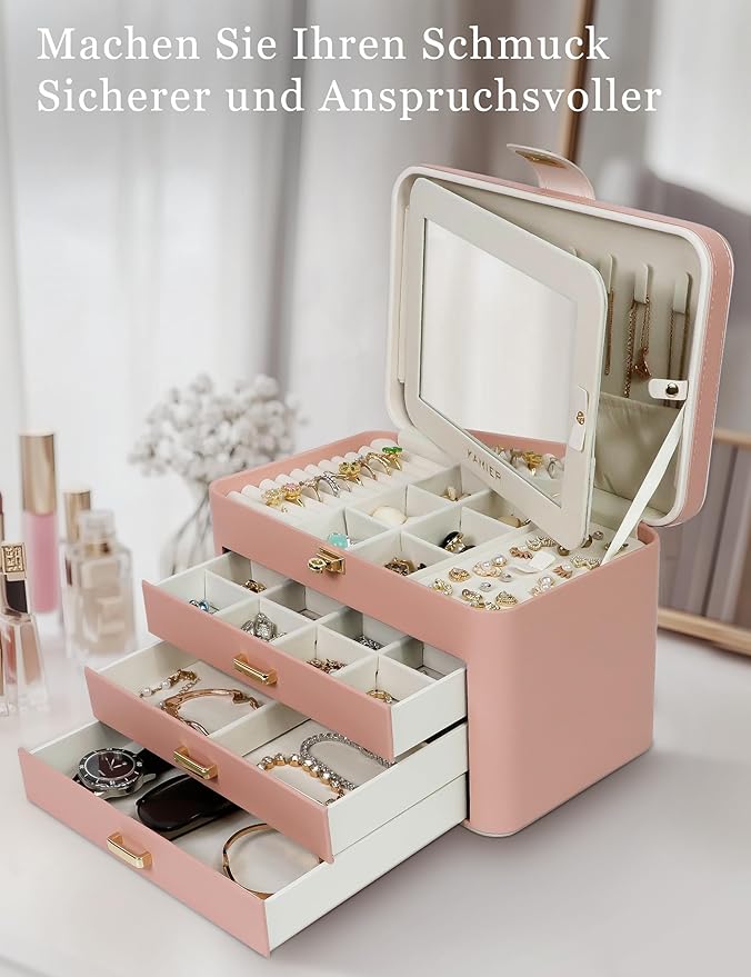 KAMIER Jewelry Organizer Box for Women - 4 Layer Drawer Jewellery Storage with Lock and Mirror - Jewelry Case for Necklaces Rings Bracelets Earring Holder Organizers (Pink)