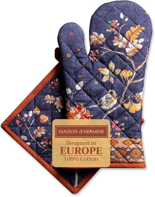 Maison d' Hermine 100% Cotton Oven Mitt & Pot Holder Set (7.5"x13" & 8"x8") Heat Resistant BBQ Cooking Gloves with Loop for Thanksgiving Christmas Decorations Handling Hot Pans (Kelim - Infinity)