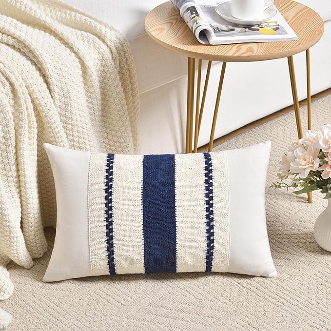 Fancy Homi Set of 2 Navy Blue Lumbar Decorative Throw Pillow Covers 12x24 Inch for Couch Bed Sofa Living Room, Aesthetic Modern Organic Farmhouse Home Decor, Soft Cotton Woven Textured Cushion Case