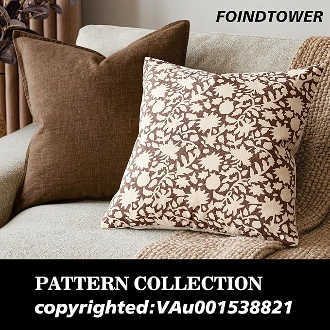 Foindtower Set of 2 Decorative Neutral Floral Throw Pillow Covers Accent Farmhouse Cushion Covers Boho Vintage Pillowcase for Couch Sofa Bedroom Living Room Home Decor Outdoor,22×22 Inch,Brown