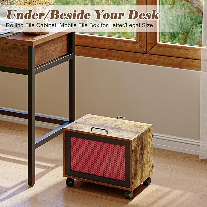 Rolling File Cabinet with Lid, Hanging File Organizer Box with Wheels for Home Office, Under Desk Small Filing Cabinet, Single Drawer Mobile Document Storage Basket for Letter and Legal Size