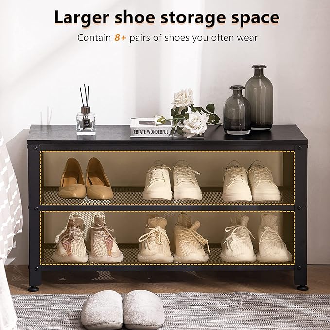 Apicizon Shoe Rack, 35.5 Inches 3-Tier Shoe Rack for Entryway with Long Seat and Metal Shelves for Garage, Industrial Storage Bench with Steel Structure for Living Room, Bedroom, Mudroom, Black