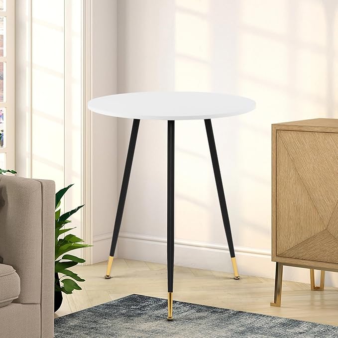 NOBPEINT Round Modern Wooden Side Table, 28 Inches End Table with 3 Metal Legs, Leisure Coffee Table (White)