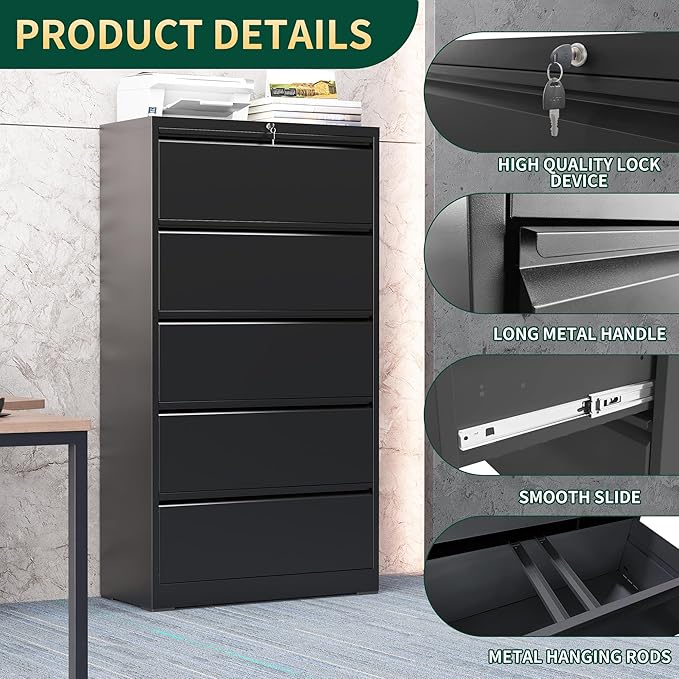 5 Drawer Lateral File Cabinet with Lock, Metal File Cabinets for Home Office, Steel Heavy-Duty Filing Storage Cabinet for Letters/Legal/A4 (Require Assembly, Black)