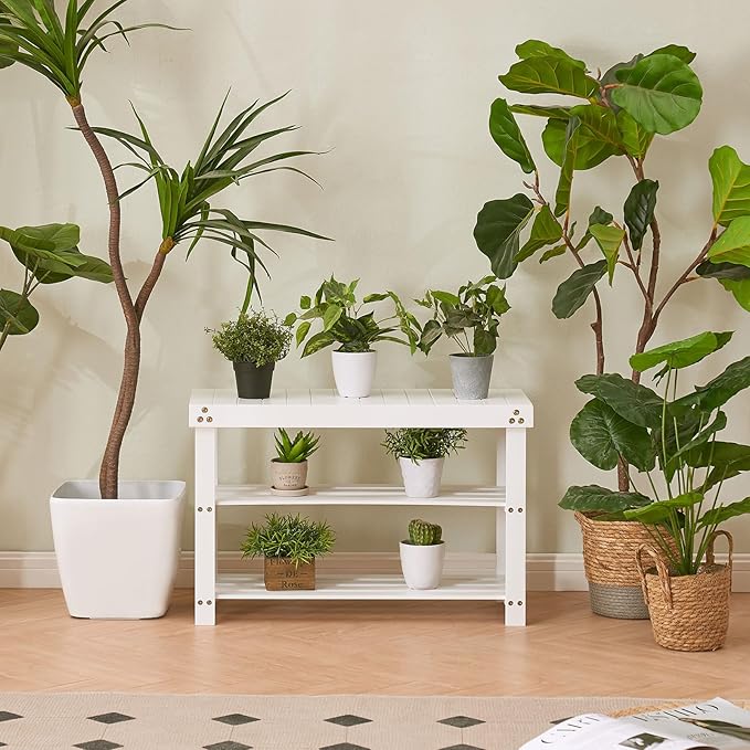 Apicizon Bamboo Shoe Rack for Entryway, 3-Tier Shoe Rack Bench for Front Indoor Entrance, Small Shoe Organizer with Storage, White