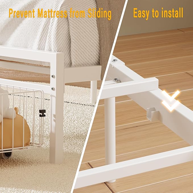 LIKIMIO Twin Bed Frame with Guardrail & Bedside Caddy, Multifunctional Headboard with Charging Station, Durable Metal Platform Bed, Noise-Free, No Box Spring Needed, White